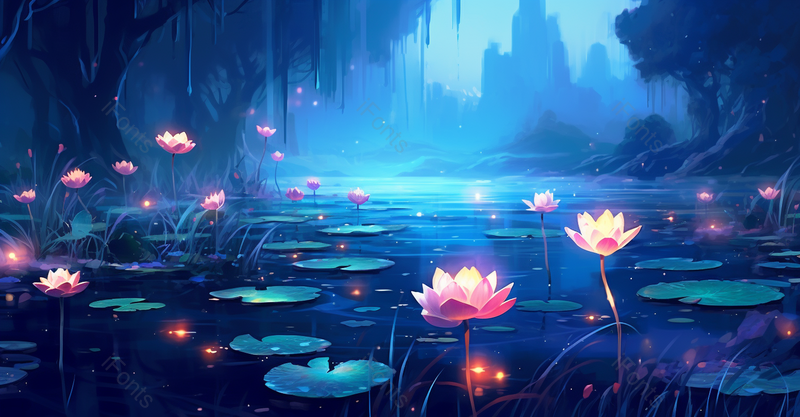 夏夜游湖荷叶荷花绽放写实插画蓝色背景,插画/手绘图,插画/手绘图库,插画/手绘图下载,插画/手绘